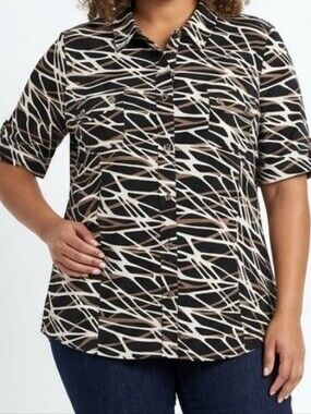 Alfani Womens Black Beige Brown Abstract Print Button Shirt Blouse Sz 20W